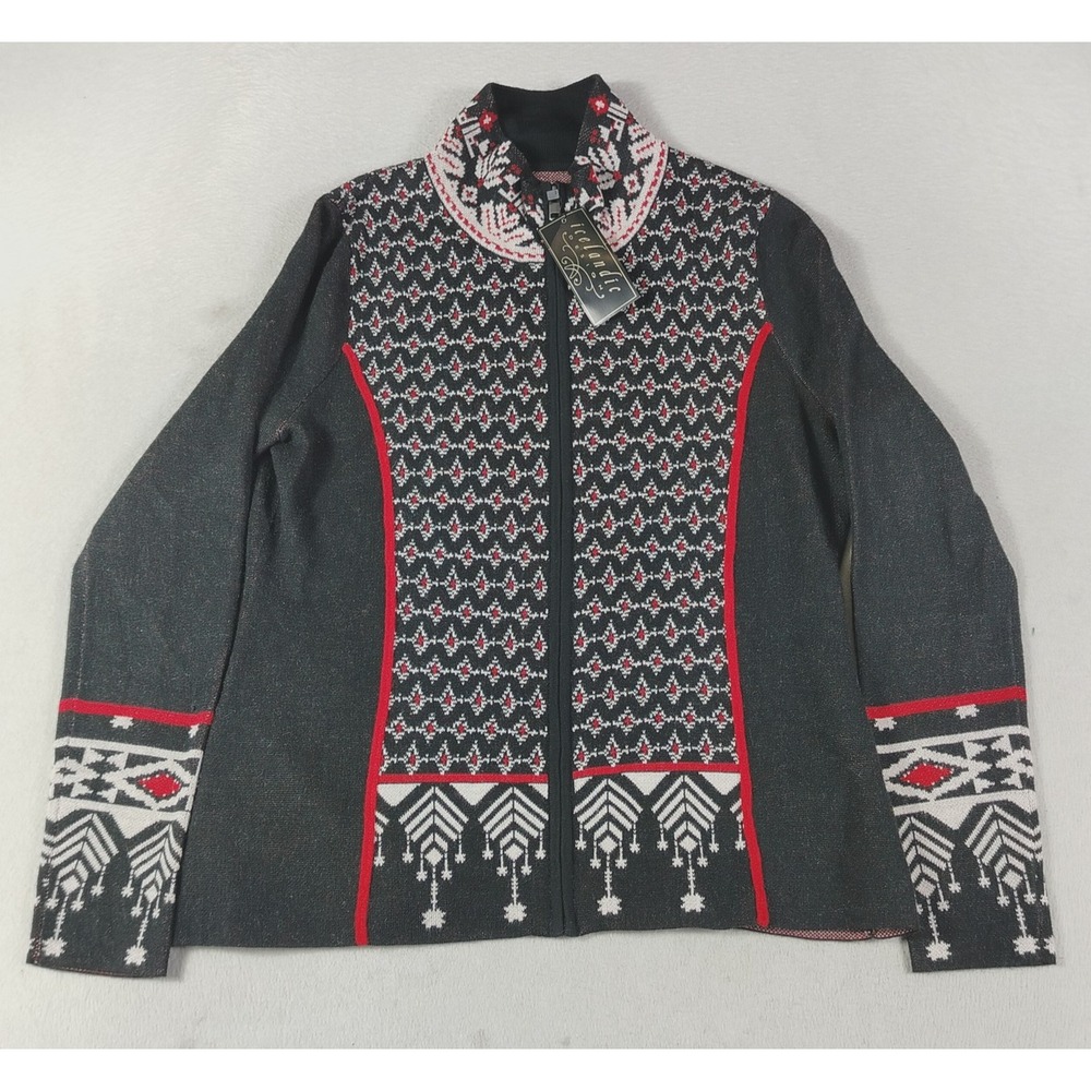 Icelandic Design Full Zip Sweater Women L Black Fair Isle Merino Wool Aurelia
